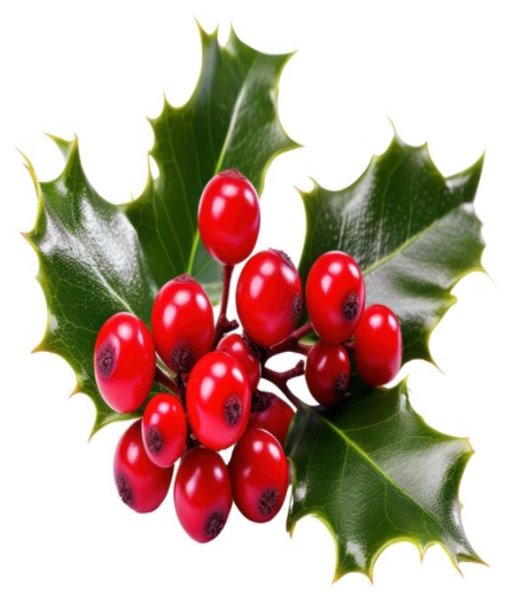 Christmas holly sprig and berries isolated on transparent white background Xmas decoration